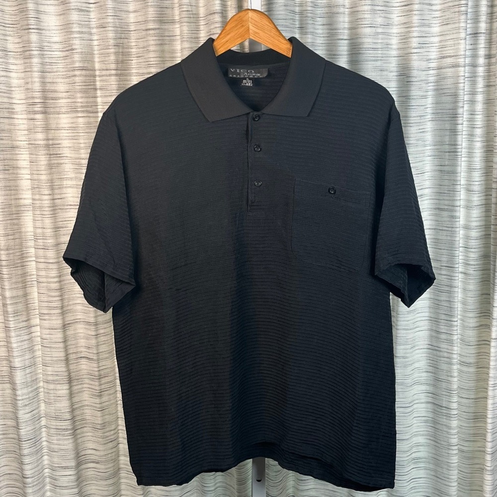 VICO Silk Black Striped Short Sleeve Button Down Polo Shirt‎ Mens XL READ